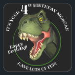 Cute Scary Dinosaur Vierkante Sticker<br><div class="desc">Is dit enge Tyrannosaurus niet op zoek naar eten,  hij probeert echt vriendelijk te zijn,  en wil een speciaal kind een zeer HAPPY BIRTHDAY wensen! Pas de naam en leeftijd van het kind aan.</div>