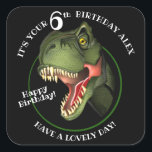 Cute Scary Dinosaur Vierkante Sticker<br><div class="desc">Is dit enge Tyrannosaurus niet op zoek naar eten,  hij probeert echt vriendelijk te zijn,  en wil een speciaal kind een zeer HAPPY BIRTHDAY wensen! Pas de naam en leeftijd van het kind aan.</div>