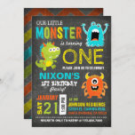 Cute Scary Little Monsters Birthday Kaart<br><div class="desc">Kute en enge kleine monsters op de achtergrond van het karton met een kleurrijke grijze chevron-printkaart op de achterzijde van de verjaardagsdagskaart</div>