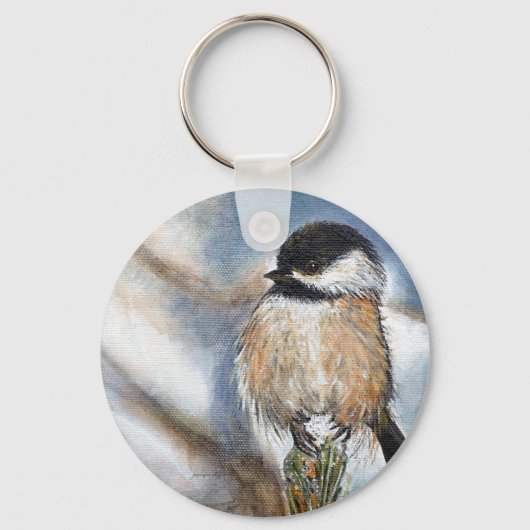 Cute Schattig Chickadee Winter Painting Sleutelhanger (Voorkant)