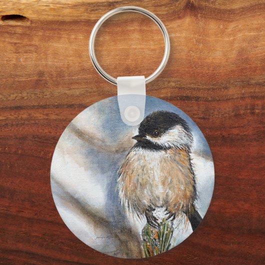 Cute Schattig Chickadee Winter Painting Sleutelhanger (Voorkant)