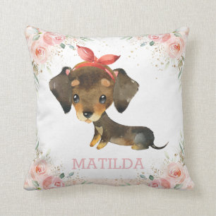 Cute Schattig Dachshund Dog Blush Pink Floral Girl Kussen
