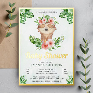 Cute Schattig Floral Sloth Girl Baby shower Gold Folie Uitnodiging