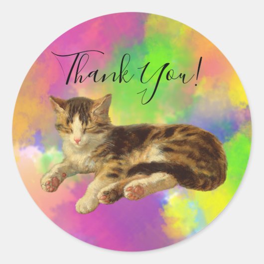 Cute Schattig Kitty Cat Dank je Abstracte regenboo Ronde Sticker (Voorkant)