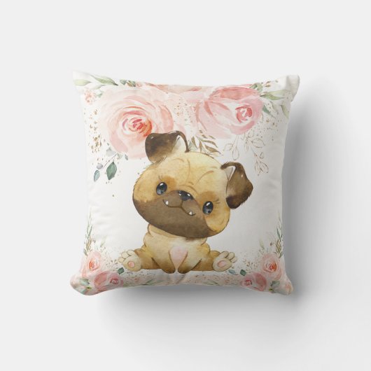 Cute Schattig Pug Dog Blush Pink Floral Girl Kussen (Voorkant)