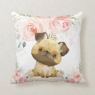 Cute Schattig Pug Dog Blush Pink Floral Girl Kussen
