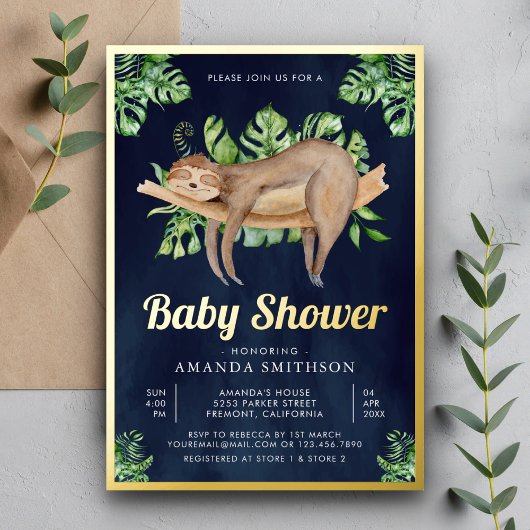 Cute Schattig Slaapsloth Navy Baby shower Gold Folie Uitnodiging