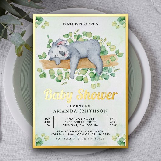 Cute Schattig Sleeping Koala Beer Baby shower Gold Folie Uitnodiging