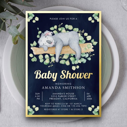 Cute Schattig Sleeping Koala Navy Baby shower Gold Folie Uitnodiging