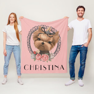 Cute Schattig Yorkie Puppy Pink Floral Fleece Deken