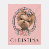 Cute Schattig Yorkie Puppy Pink Floral Fleece Deken (Voorkant)