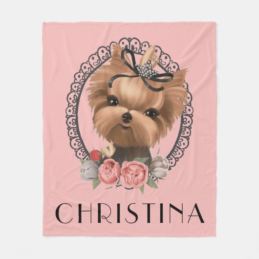 Cute Schattig Yorkie Puppy Pink Floral Fleece Deken (Voorkant)