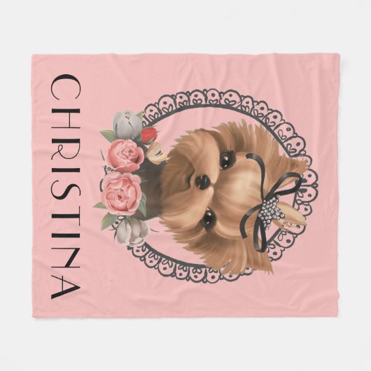 Cute Schattig Yorkie Puppy Pink Floral Fleece Deken (Voorkant (Horizontaal))
