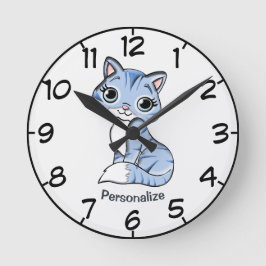 Cute & Schattige Blue Kitten Cartoon personalisere Ronde Klok
