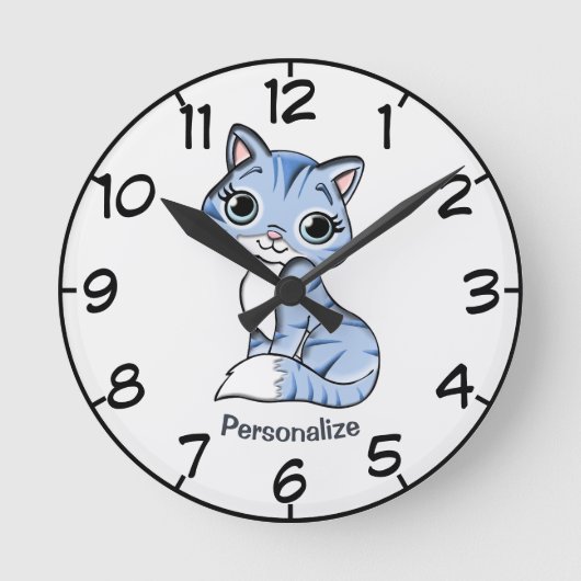 Cute & Schattige Blue Kitten Cartoon personalisere Ronde Klok (Voorkant)