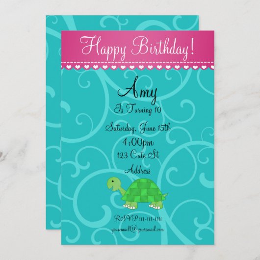 Cute schildpad-verjaardagsuitnodiging kaart (Voorkant / Achterkant)