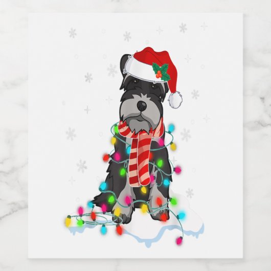 Cute Schnauzer Christmas Lights With Santa Hat Wijn Etiket (Enkel label)