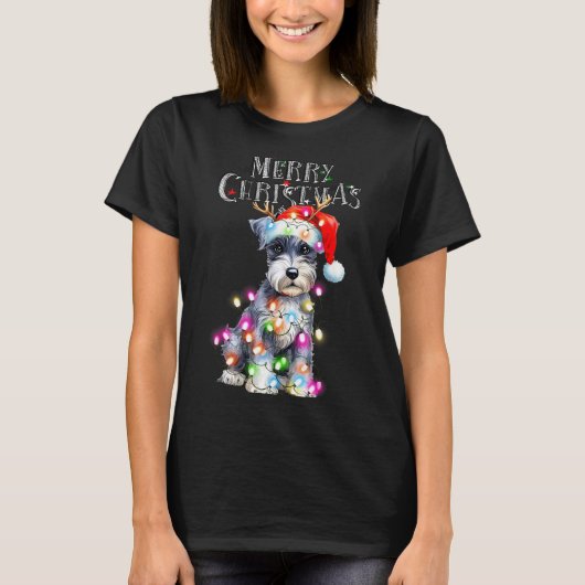 Cute Schnauzer Christmas Lights Xmas Dog Santa Hat T-shirt (Voorkant)