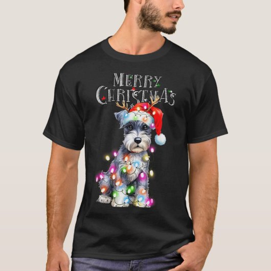 Cute Schnauzer Christmas Lights Xmas Dog Santa Hat T-shirt (Voorkant)