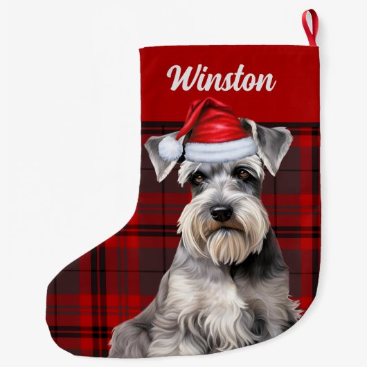 Cute Schnauzer Dog Holiday Plaid Personalized Grote Kerstsok (Achterkant)