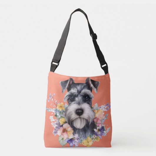 Cute Schnauzer Portret met Flowers Crossbody Tas (Voorkant)