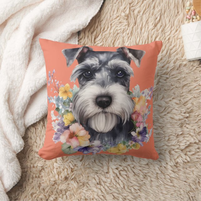Cute Schnauzer Portret met Flowers Kussen (Deken)
