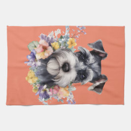 Cute Schnauzer Portret met Flowers Theedoek