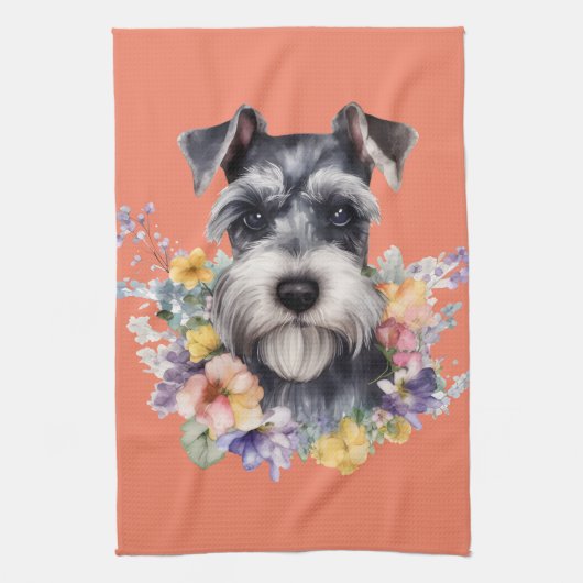 Cute Schnauzer Portret met Flowers Theedoek (Verticaal)