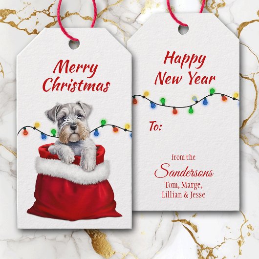 Cute Schnauzer Terrier Dog in Santa Bag Gift Label Cadeaulabel