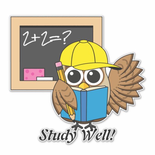 Cute School Student Owl Cartoon | Tekst toevoegen Sticker (Voorkant)