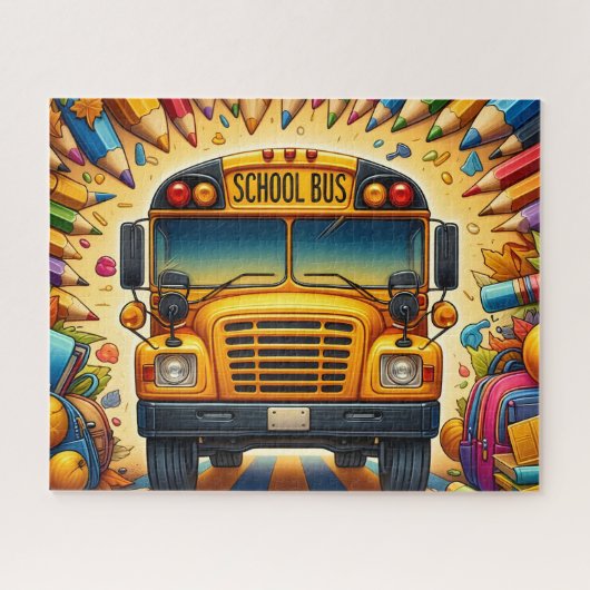 Cute Schoolbus Met Potloden Legpuzzel (Horizontaal)