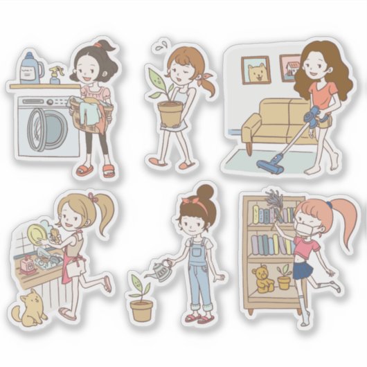 Cute Schoonmaak Karweitjes Meisjes Karakter Sticke Sticker (Voorkant)