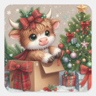 Cute Schotse Hoogland Koe Kerststicker Vierkante Sticker