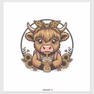 Cute Schotse Koe Koffie Zonnebloem Vintage T-shirt Sticker