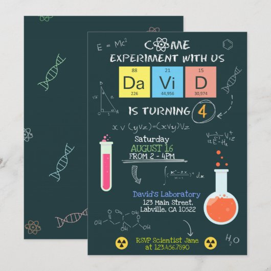 Cute Scientist Laboratory Birthday Party Invite Kaart (Voorkant / Achterkant)