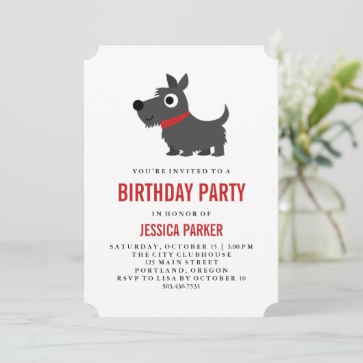 Cute Scottie Dog Black and Red Birthday Party Kaart (Staand voorkant)