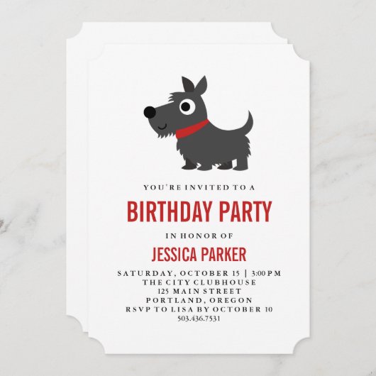 Cute Scottie Dog Black and Red Birthday Party Kaart (Voorkant / Achterkant)