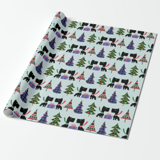 Cute Scottie Dogs en kerstbomen Pattern Cadeaupapier (Uitgerold)