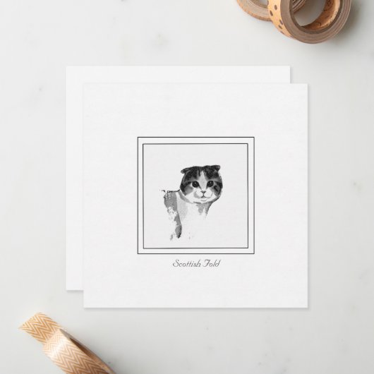 Cute Scottish Fold Cat Charcoal Drawing Note Card Notitiekaartje (Voorkant / Achterkant in situ)