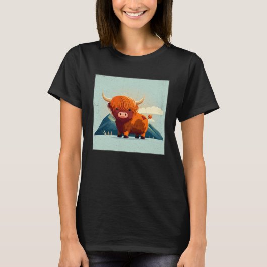 Cute Scottish Highland Cow Illustration Little Hor T-shirt (Voorkant)
