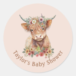 Cute Scottish Highland Koe Waterverf Pink Peach C Ronde Sticker