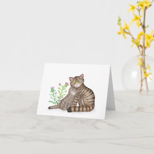 Cute Scottish Wildcat and kitten blank card Kaart (Gele Bloem)