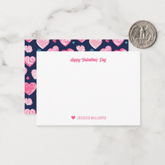 Cute Scribble Heart Pattern Blue Valentijnsdag Notitiekaartje (Voorkant / Achterkant in situ)