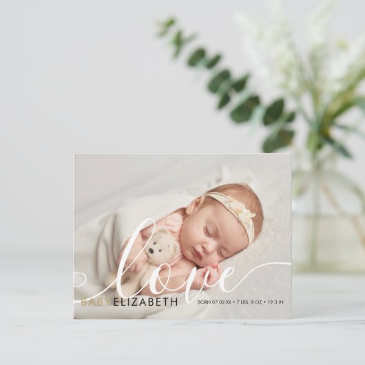 Cute Script Baby Geboorteaankondiging Briefkaart (Staand voorkant)