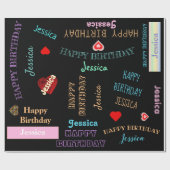 Cute Script Birthday Girl Name Hearts Black Cadeaupapier (Vlak)