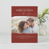Cute Script Burgundy Red Photo Overlay Wedding Kaart (Staand voorkant)