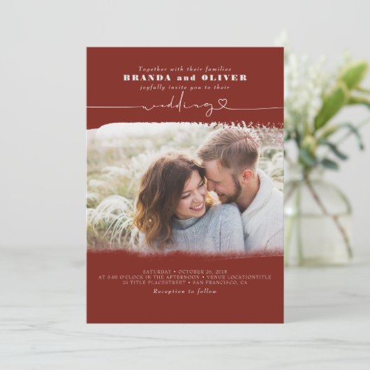 Cute Script Burgundy Red Photo Overlay Wedding Kaart (Staand voorkant)