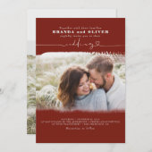 Cute Script Burgundy Red Photo Overlay Wedding Kaart (Voorkant / Achterkant)