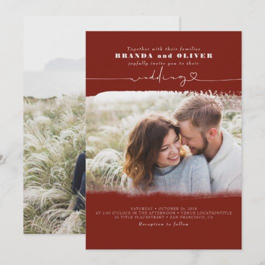 Cute Script Burgundy Red Photo Overlay Wedding Kaart (Voorkant / Achterkant)