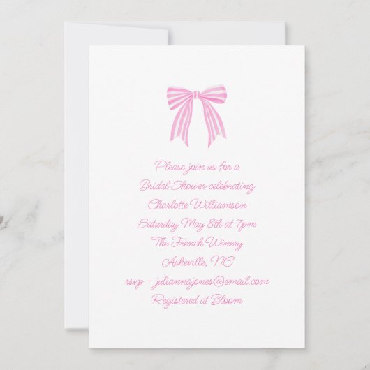 Cute Script Coquette Bow Pink Stripe Bridal Shower Kaart (Voorkant)